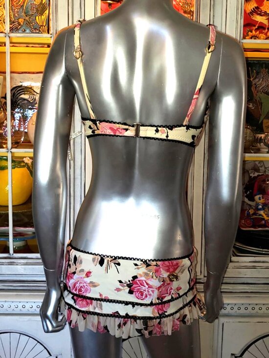 Vintage Betsey Johnson Gypsy Rose Bikini Skirted Pink Floral Lace Swimsuit Sz S - Picture 7 of 15